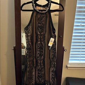 XOXO Black and Tan One-Shoulder Lace Dress with Beaded Neckline